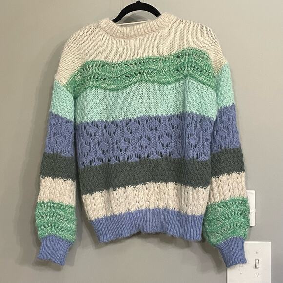 Vero Moda Boho O-Neck Sweater Relaxed Crew Neck Size L Cozy Striped Open Crochet - Picture 2 of 10